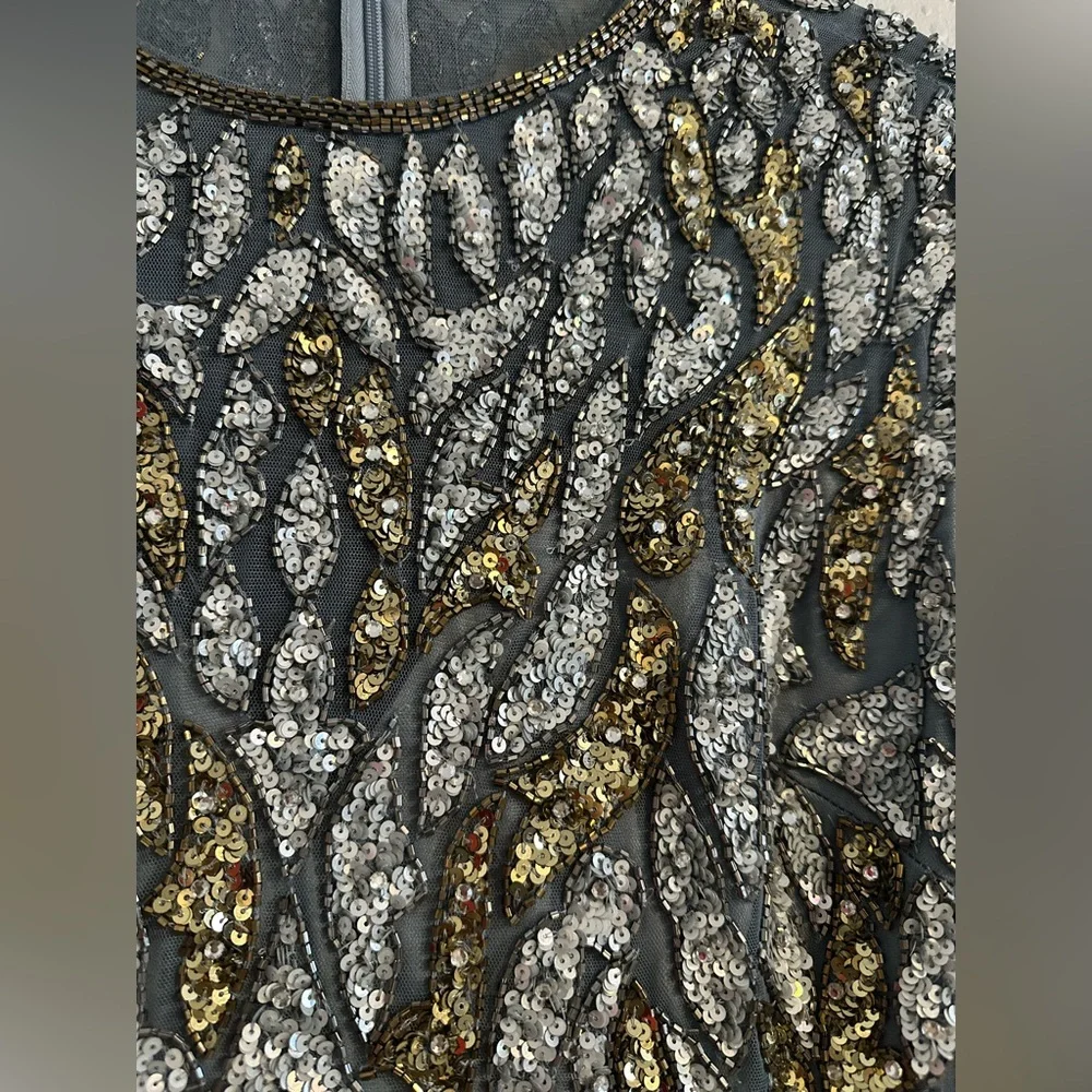 Mac Duggal Blue and Gold Embellished Illusion Cap Sleeve Column Gown
